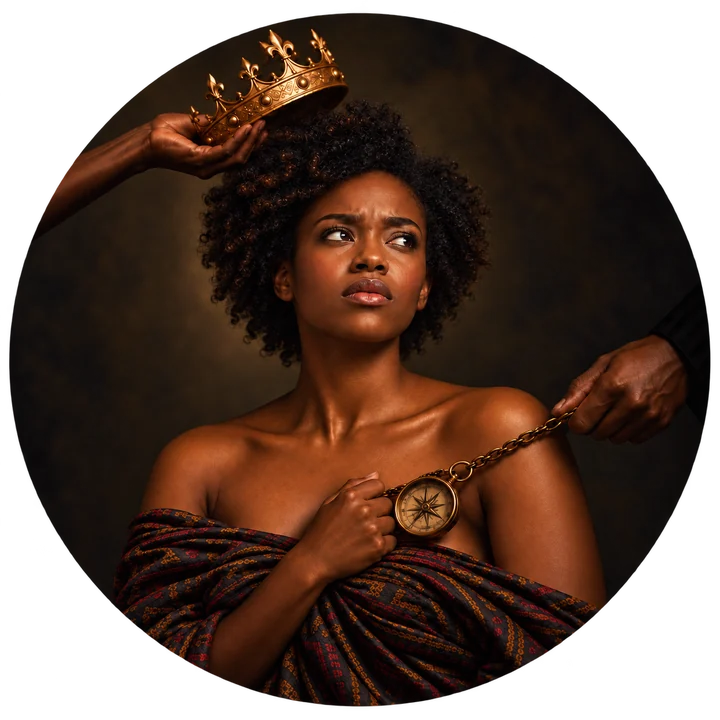 A woman clutching a compass to her chest as a crown is lowered toward her head and a hand pulls at its chain