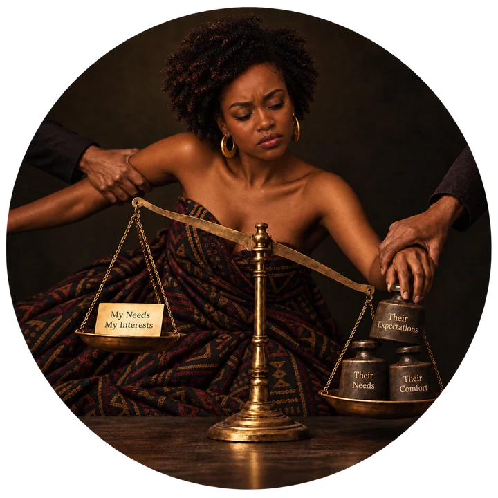 A woman looking down at a scale weighing a card reading My Needs, My Interests against weights labeled Their Needs, Their Comfort, and Their Expectations, as two hands hold her arms
